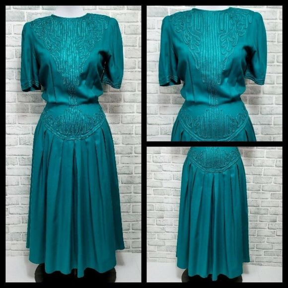 Vintage 80s Sarah Elizabeth Green Embroidery Secretary Midi Dress Short Sleeves - Picture 1 of 10